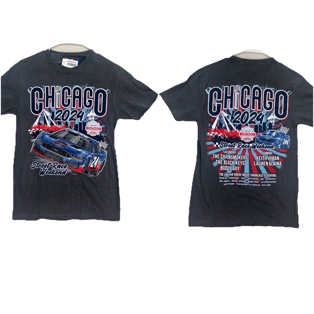 NASCAR Chicago Street Race 2024 Graphic Tshirt Gray Double Sided Mens Size Small